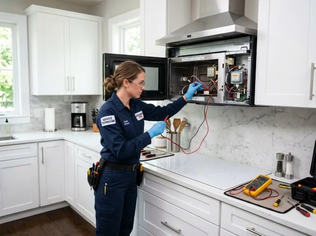 Appliance Repair Hero technician testing an over-the-range microwave in a Ayer, MA kitchen